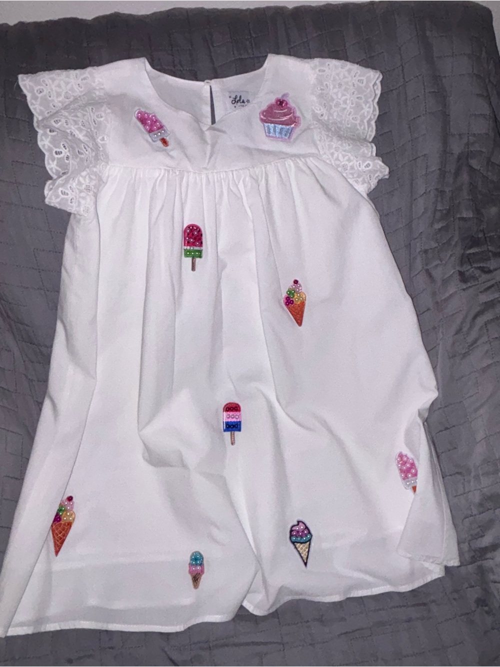 lola White Dress with Pink & Blue Cupcake Appliqué